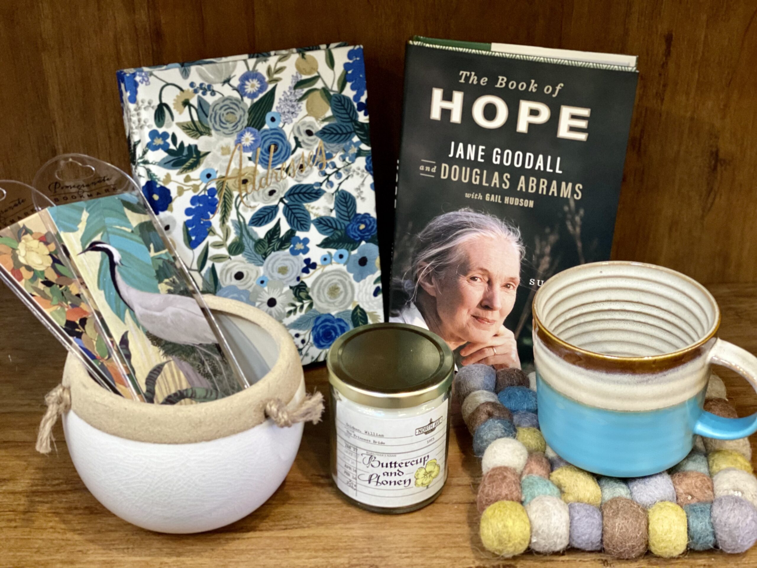 Mug, trivet, candle, bookmarks, plant holder, book, and more at the Lahaska Bookshop